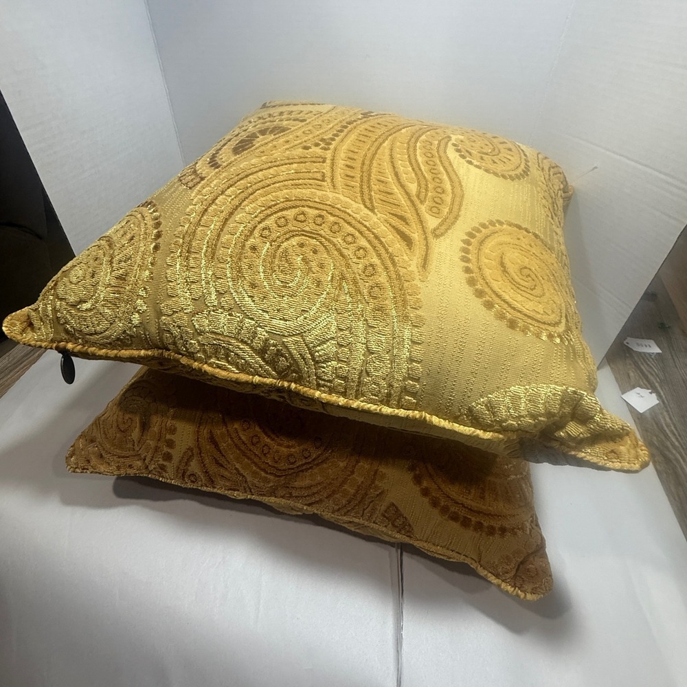 Pier 1 Imports Gold Velvet Paisley Throw Pillows Set of 2 Square 17in Accent